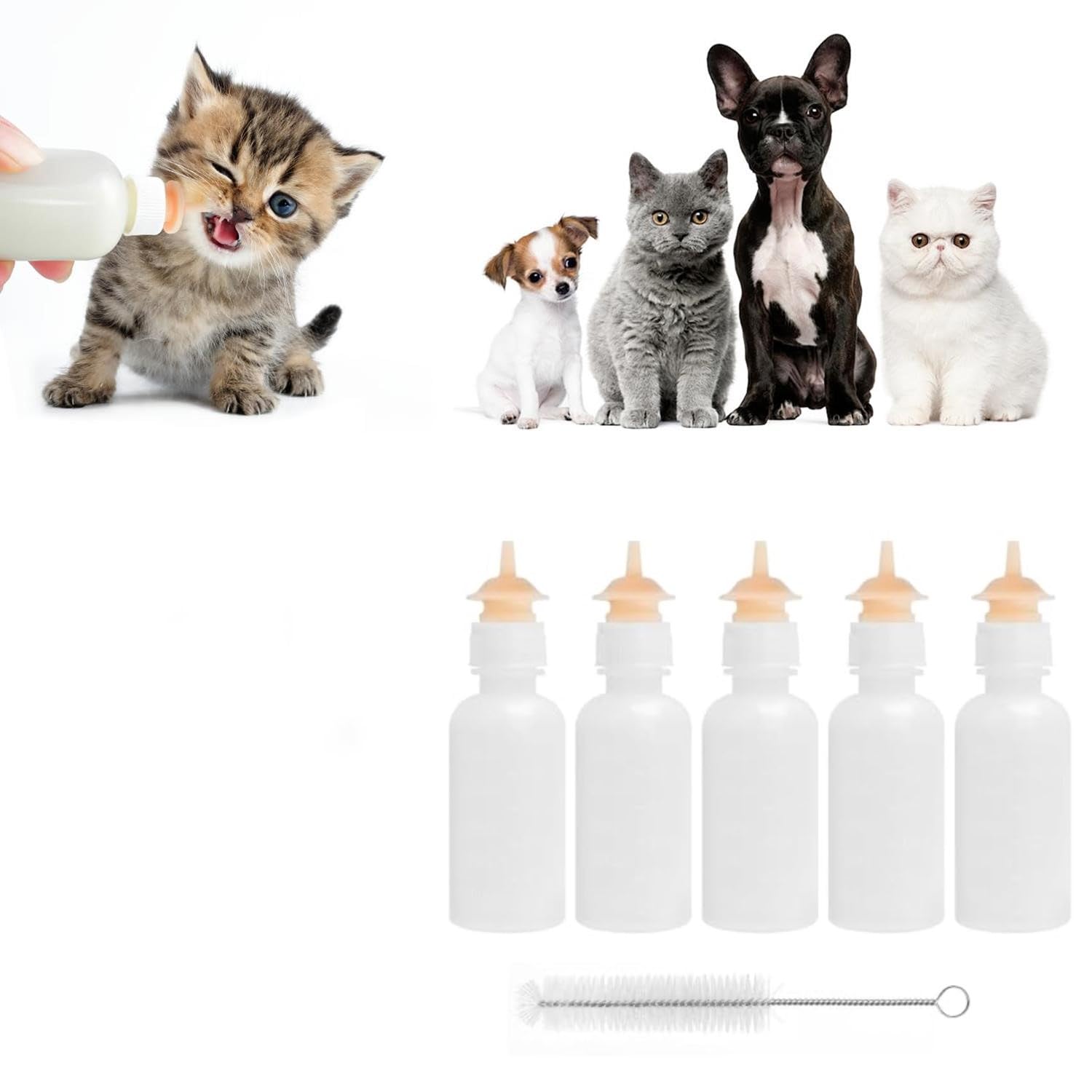 Pet Nursing Bottle Kit with Silicone Nipple, 5 Pack Reusable Feeding Bottles for Kittens, Puppies, Small Animals
