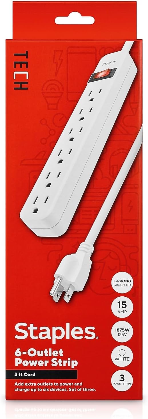 Staples TECH 6‑Outlet Power Strip – 3 ft. Extension Cord for Home, Office & Dorm Room Use, White, 3‑Pack