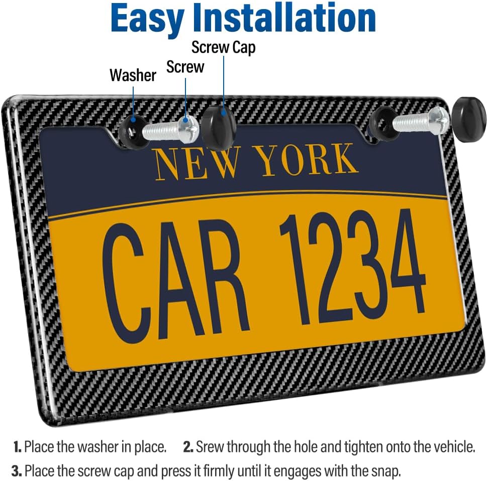 Universal Car Carbon Fiber License Plate Frame, US Car Tag Holder Cover with Screw Caps(2 Holes)