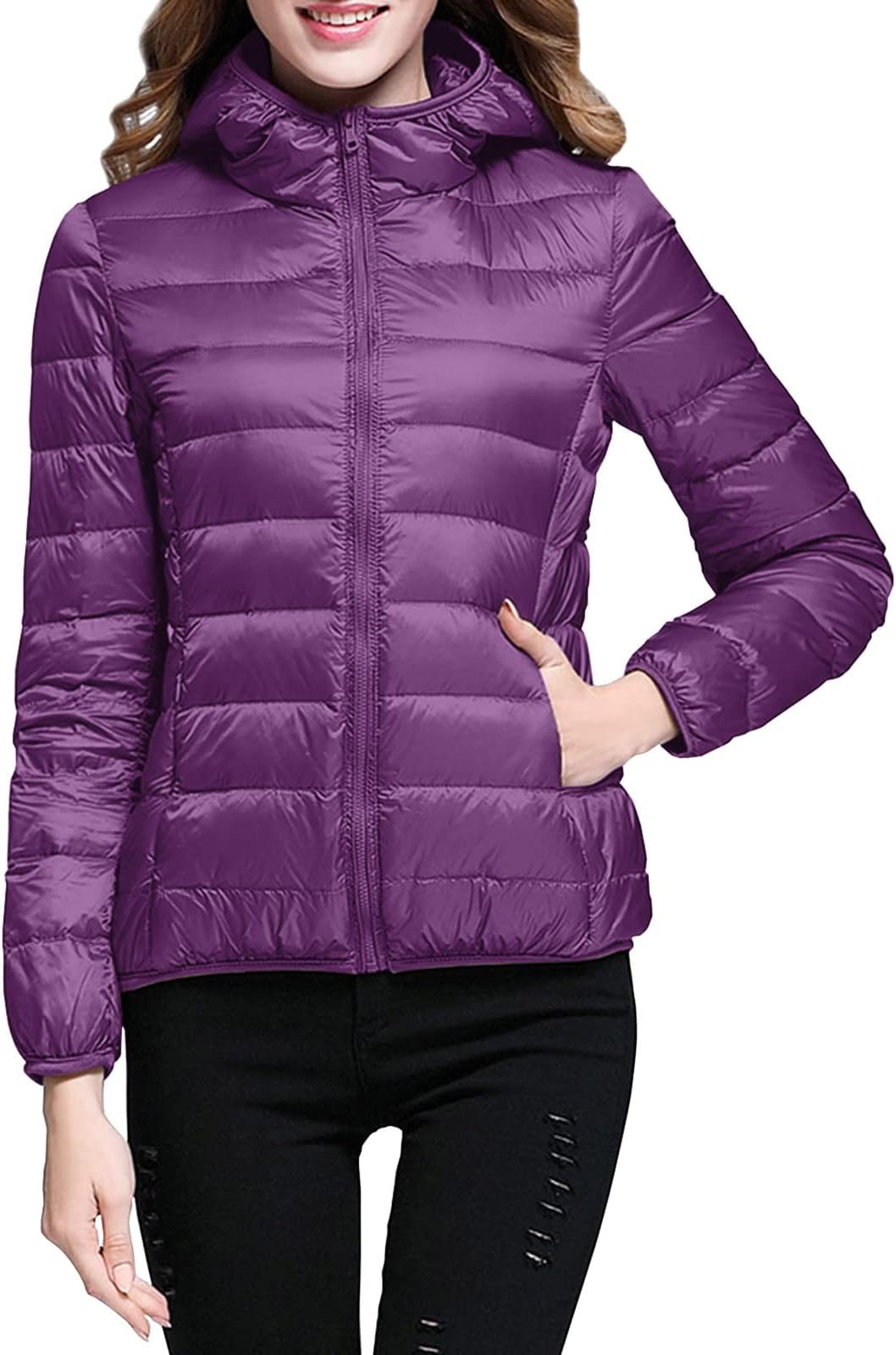 EMUKFDWomen’s Warm Winter Packable Puffer Down Jacket Full Zip Up Quilted Outwear Padded Hooded Puffer Jacket Windproof Mountain Insulated Jacket Slim Fit Short Outerwear Jacket