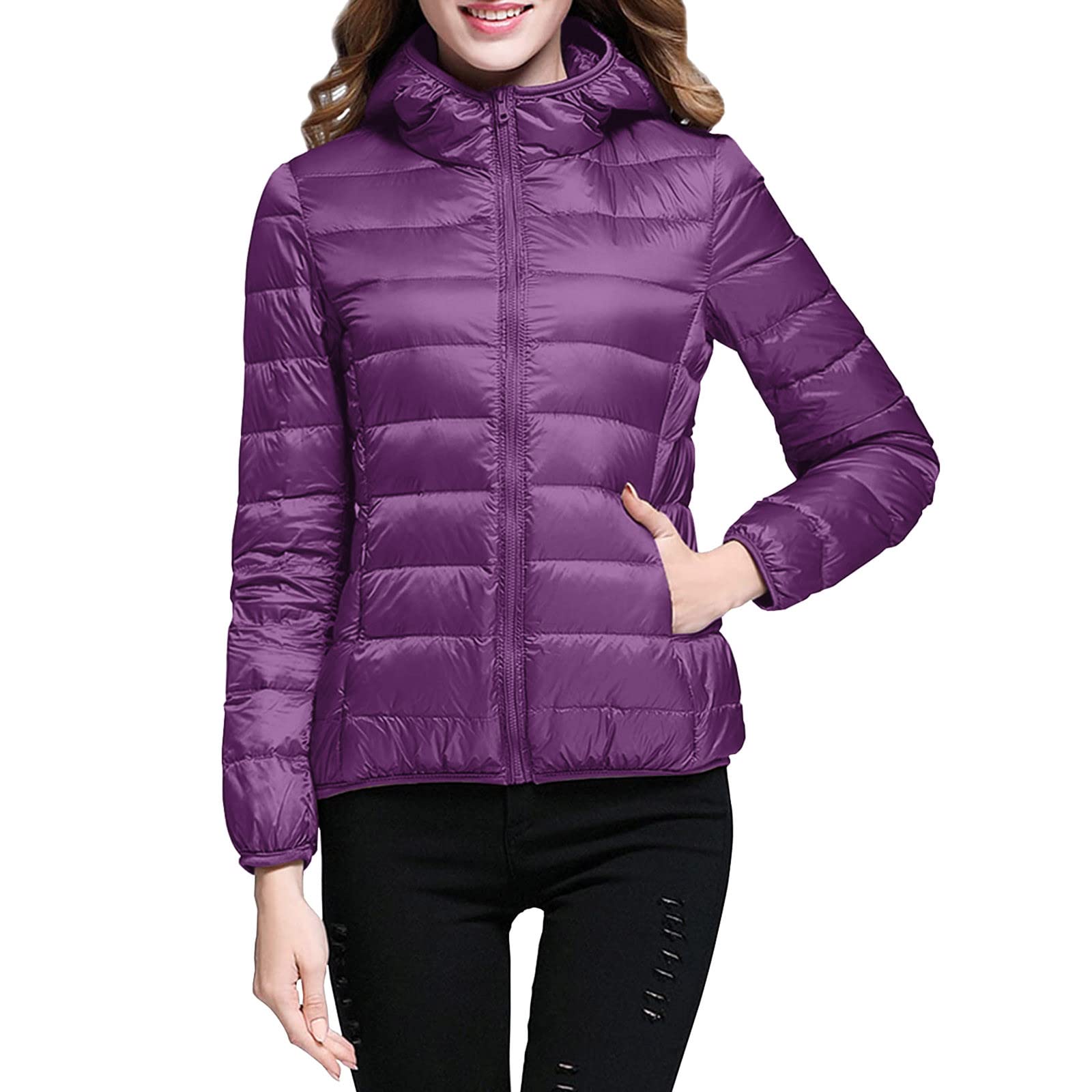 EMUKFDWomen’s Warm Winter Packable Puffer Down Jacket Full Zip Up Quilted Outwear Padded Hooded Puffer Jacket Windproof Mountain Insulated Jacket Slim Fit Short Outerwear Jacket