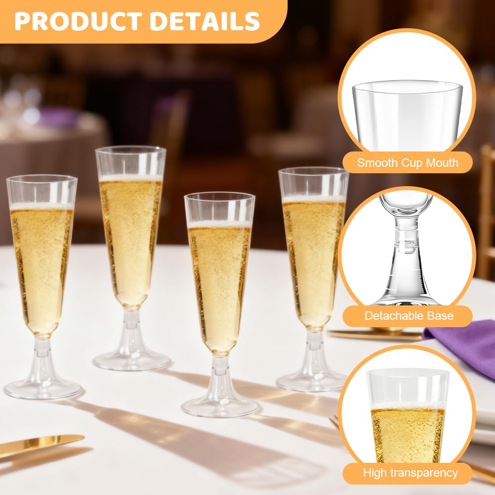 50 Pz Bicchieri da Champagne in Plastica Riutilizzabili, Calici Champagne Trasparenti da 150 ml, Bicchieri da Cocktail con Steli Rimovibili per Feste, Matrimoni e Natale