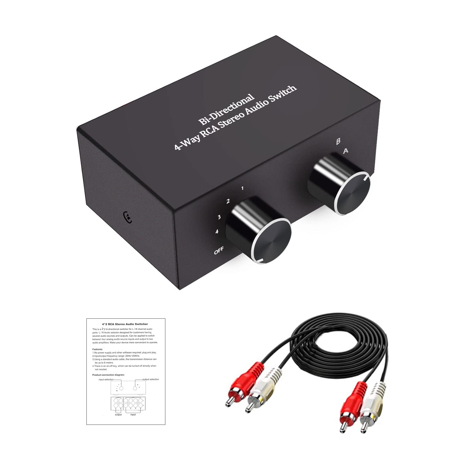 Selector de audio estéreo L/R, 2 pulgadas - 4 salidas/4 en 2 salidas, interruptor de altavoz, caja de interruptores de audio, selector de conmutación AB, bidireccional para reproductor de CD y altavoz