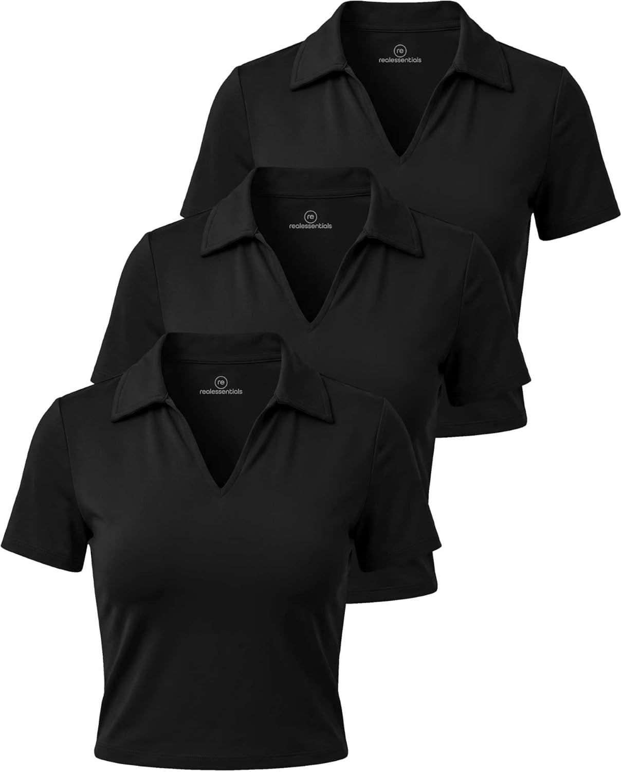 Real Essentials 3 Pack: Women's V Neck Crop Polo Shirts - Short Sleeve Sweater Dry Fit Golf Athletic Workout Collared Tops