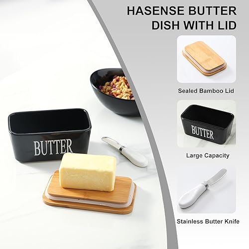 Miniatura 4 de Hasense Mantequillera grande con tapa y cuchillo, plato de mantequilla de cerámica con tapa para encimera, contenedor de mantequilla negra para