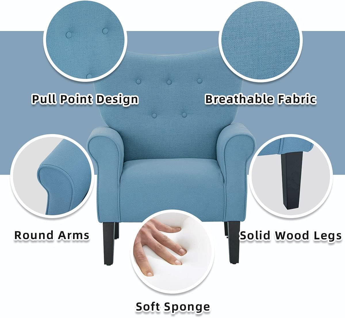 Mellcom Mid Century Wingback Arm Chair,Modern Upholstered Fabric High Back Accent Chair with Wood Legs,Upholstered Single Sofa Club Chair for Living Room, Bedroom, Home Office, Blue : Home & Kitchen