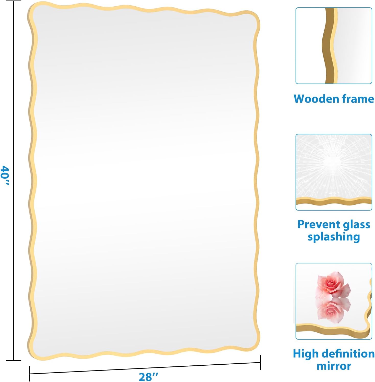 Gold Wavy Bathroom Mirror 28" x 40" Rectangle Scalloped Mirror for wall Decor, Bathroom Vanity, Bedroom, Living Room, Entryway