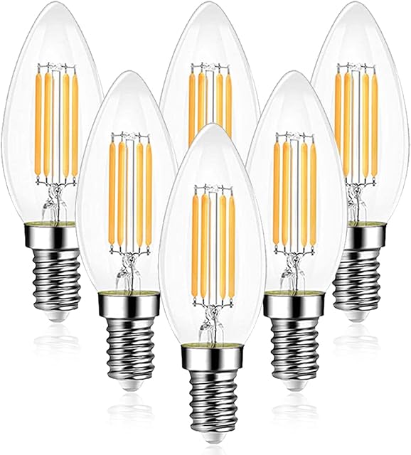 EXTRASTAR E14 LED Filament Candle Bulbs 6W, 750LM 60W Equivalent, C35 SES Small Edison Screw Led Light Bulbs, Warm White 2700K, Non-dimmable, Pack of 6