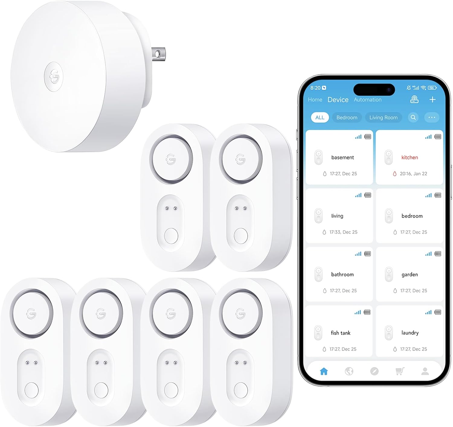 GoveeLife Upgraded Smart Water Leak Detector 1s with 1804ft Ultra-Long Range, WiFi Water Sensor with SMS/Email/APP Push and Sound Alarm,5-Year Battery Life, 6 Pack, Suit for Home, Basement, Kitchen GoveeLife Upgraded Smart Water Leak Detector 1s with 1804ft Ultra-Long Range, WiFi Water Sensor with SMS/Email/APP Push and Sound Alarm,5-Year Battery Life, 6 Pack, Suit for Home, Basement, Kitchen