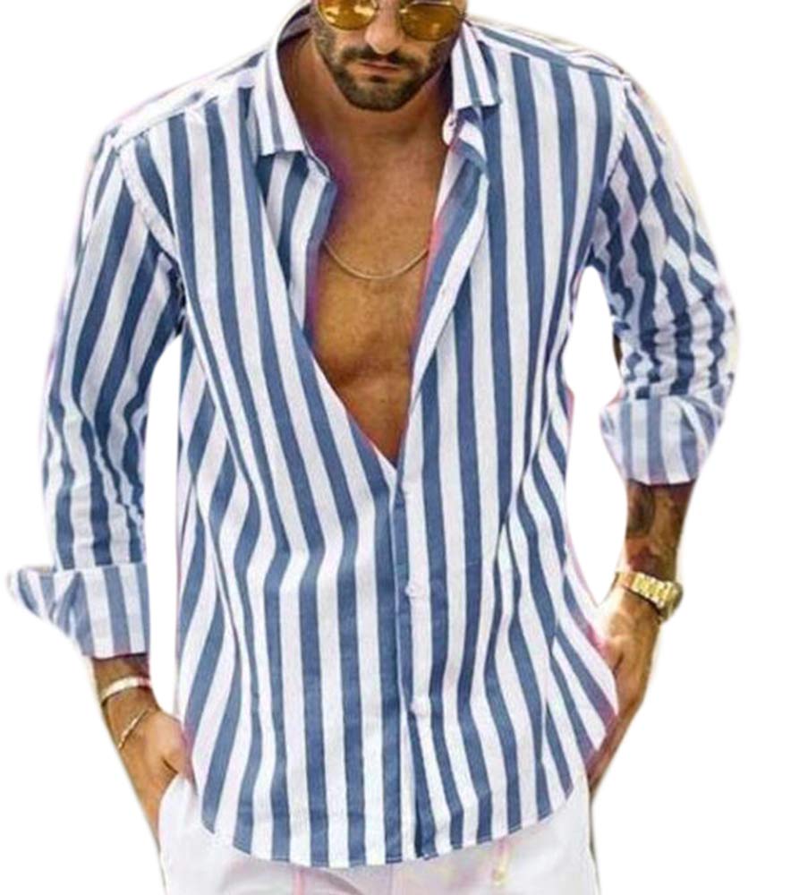 oneforus Men's Lapel Western Standard Stripe Shirts Casual Hippy Shirt