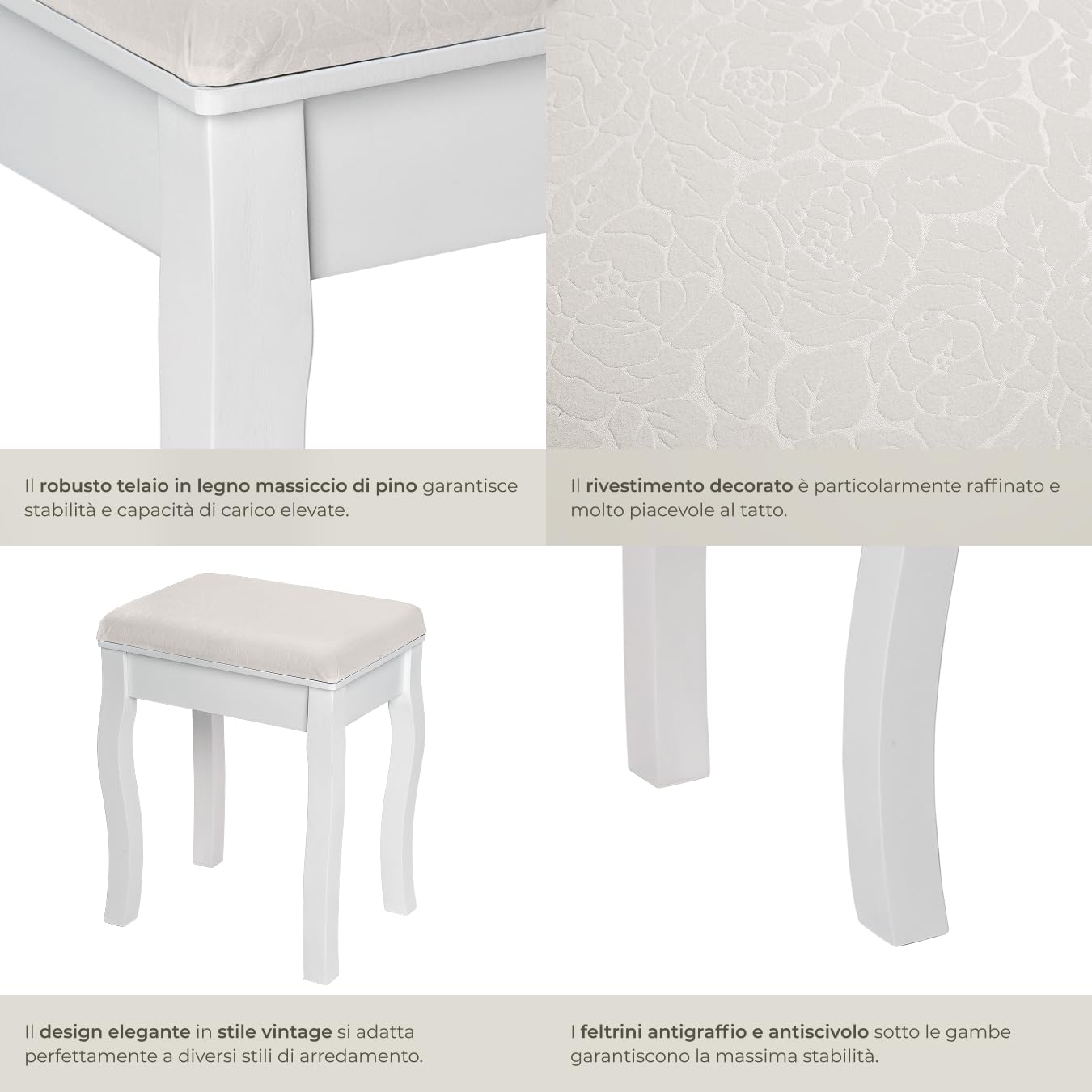 tectake® Sgabello Toeletta Trucco, Affusolato, in Legno Massello, Imbottitura Morbida, Rivestimento Floreale, Base 4 Gambe Curvate, Protezione Pavimento, 40x30x51 cm, Arredamento Casa - Bianco
