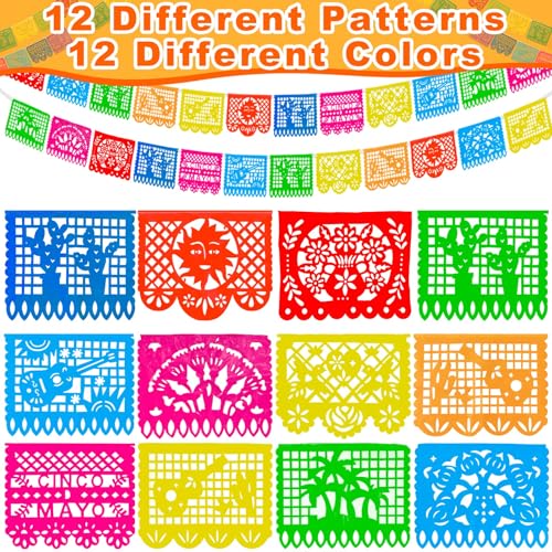 TURNMEON 6 Pack 108 Feet Mexican Party Banners, 12 Patterns Plastic Papel Picado Banner Cino de Mayo Fiesta Party Decorations Mexican Themed Party Supplies Dia De Los Muertos Day of The Dead Decor
