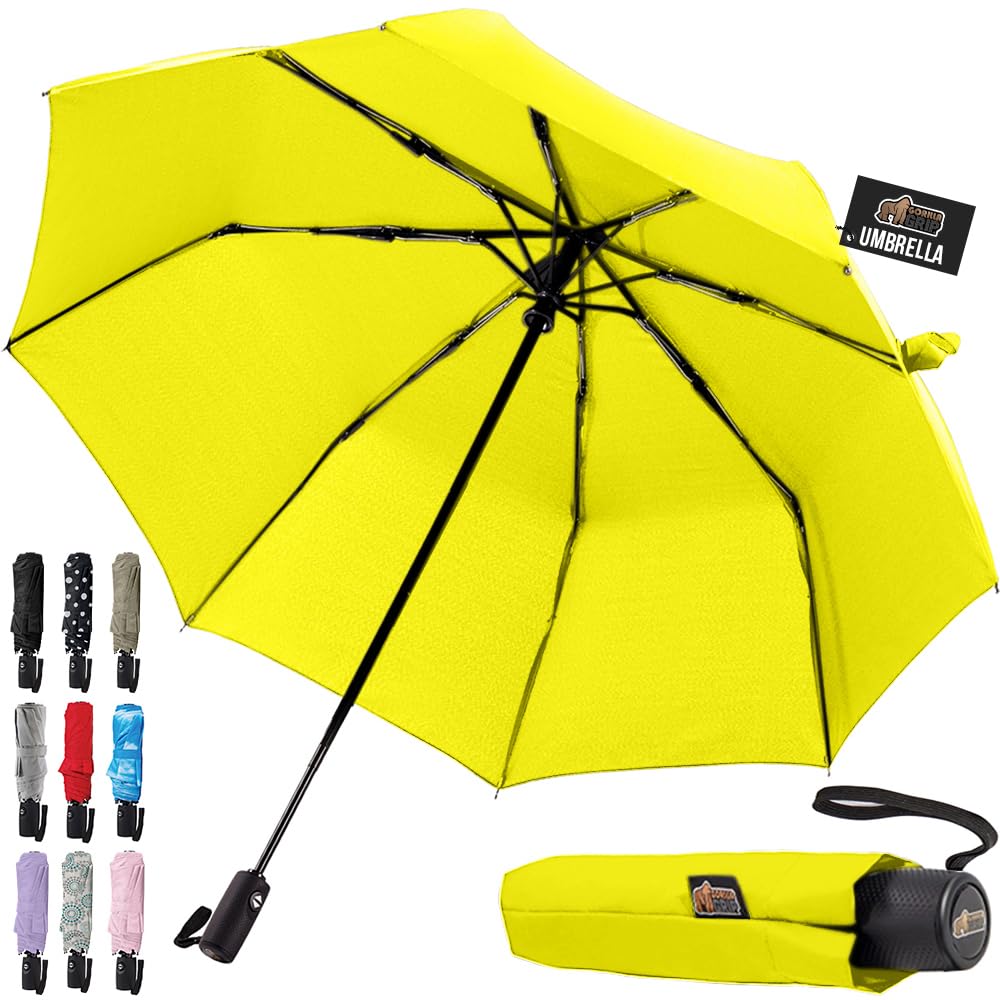 GORILLA GRIPGORILLA GRIP Strong Stick Umbrella for Rain, Compact Travel One-Click Automatic Open Close, Lightweight, Portable, US Designed Reinforced Fiberglass Ribs, Wind Resistant, Easy Collapse, Yellow