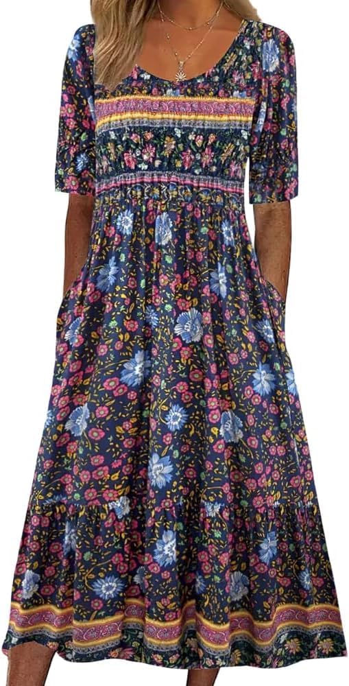 Womens Boho Dress Summer Casual 2026 Short Sleeve Loose Fit Floral Maxi Dress Flowy Beach Vintage Sundress Purple Floral XL