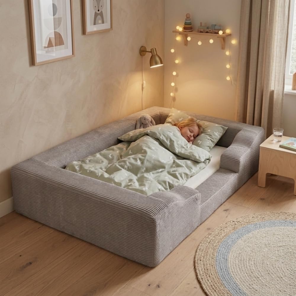 Wonder Space Schaumstoff Bodenbett für Kleinkinder - Weiches Kinderbett mit Abnehmbarem Cord-Bezug, Memory Foam Bettbasis für Kinder 1-5 Jahre, Passt auf Standard Matratze (Grau)