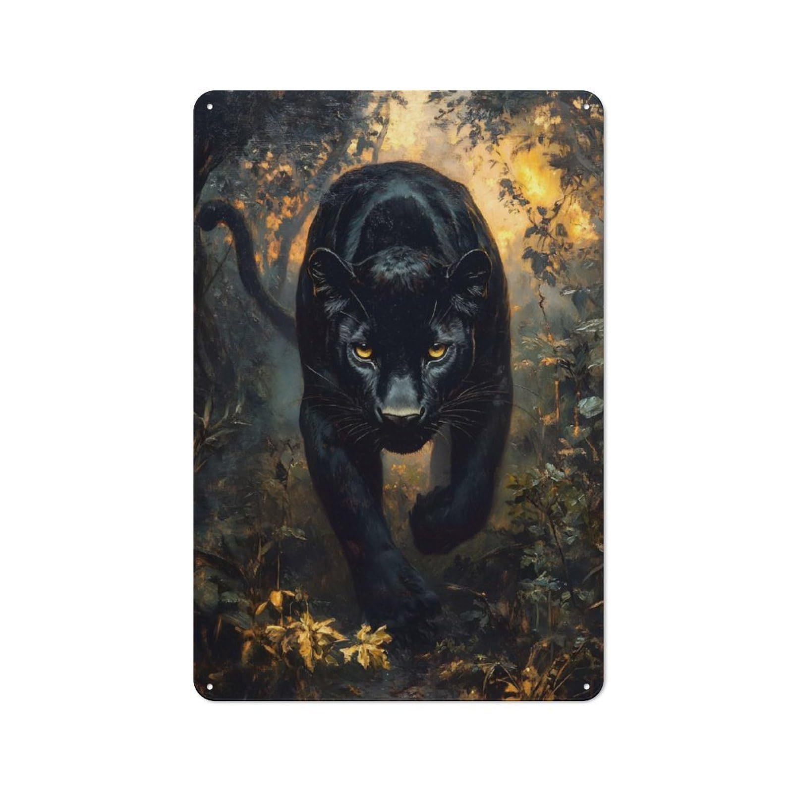 Junmoney Style-16 Rustic Tin Sign 30X20cm Featuring Black Panther In A Forest For Café Or Home Bar, Gift Idea At Christmas For Hospitality Decor Collectors