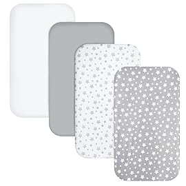 Pack and Play Sheets, 4 Pack Mini Crib Sheets, Stretchy Pack n Play Playard Fitted Sheet, Compatible with Graco Pack n Play, Soft and Breathable Material, Grey