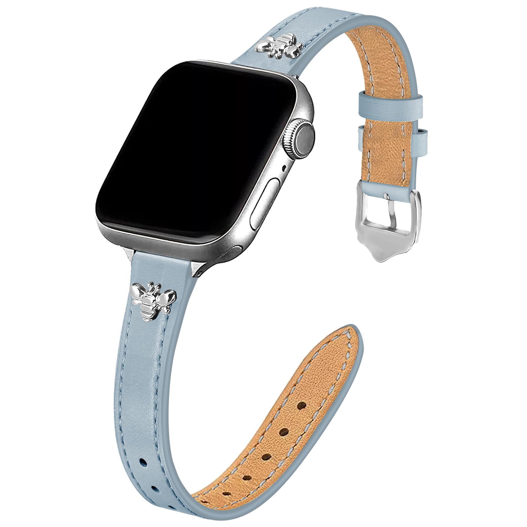 JR.DM Slim Leather Bands Compatible with Apple Watch Band 38mm 40mm 41mm 42mm 44mm 45mm 46mm 49mm, Genuine Leather Band with Charms, Feminine Design