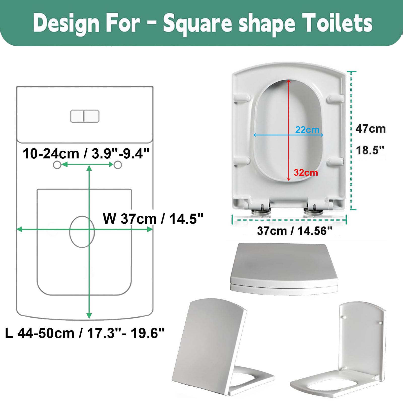 Sedile WC Quadrato, Copriwater Universali Tavoletta WC Bianco A Sgancio Rapido, ASSE WC A Chiusura Lenta Cerniera Superiore Fissa, Coprivater Rettangolare,35 * 43cm