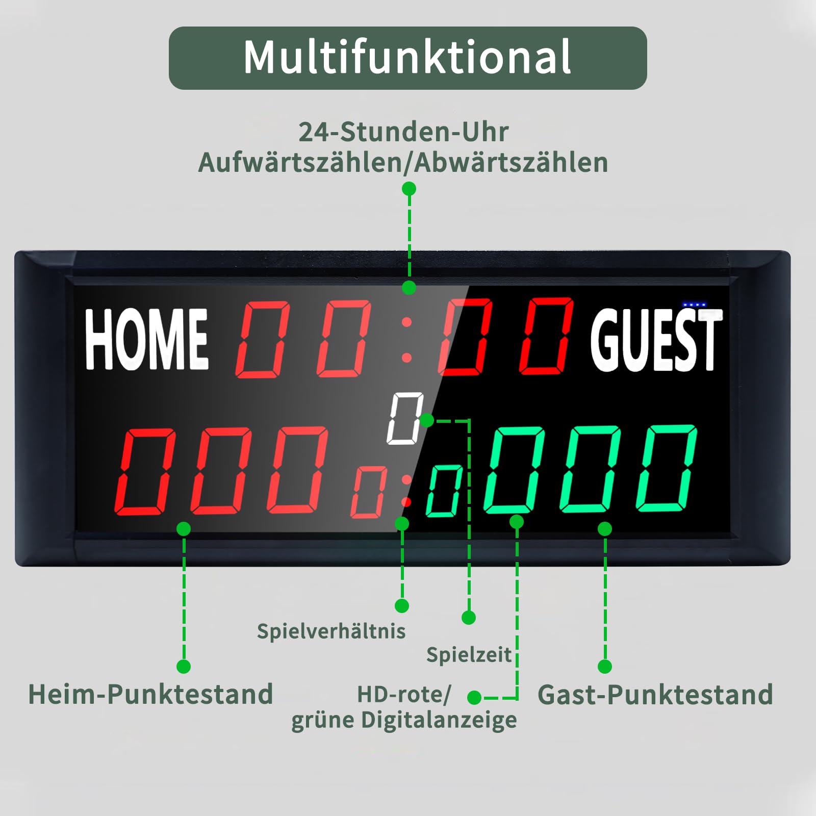 Tragbare Elektronische Anzeigetafel, 39,4 * 4 * 15,8cm, 13-stellige Basketball Punktezähler mit Uhr, Tischtennis Zähler Digital Scoreboard für Volleyball, Cornhole, Badmin Football