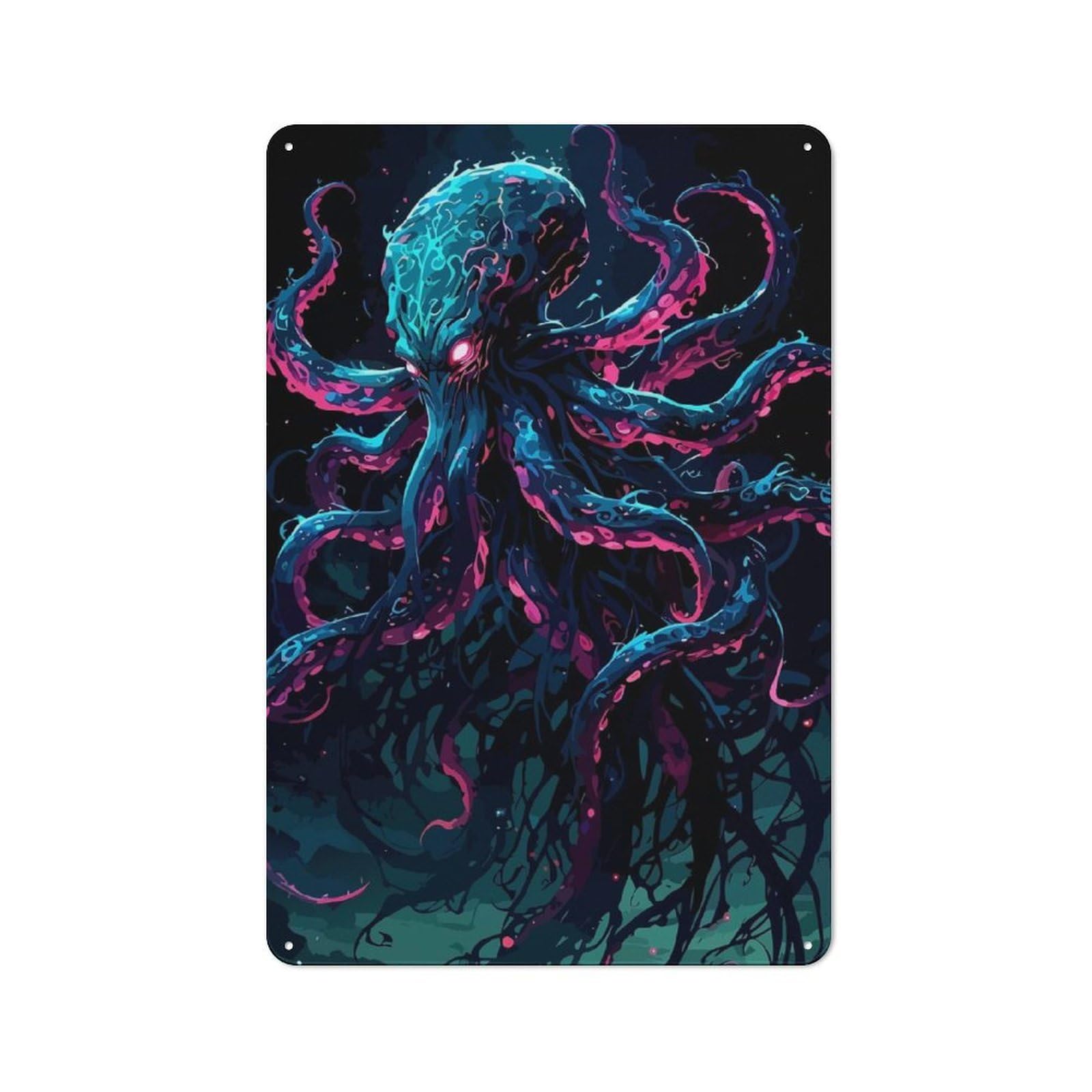 Neon Octopus Fantasy Creature Illustration Decorative Metal Sign 30x20cm, Creative Studio Wall Plaque for Hobby Room, Office, Lounge Or Living Room