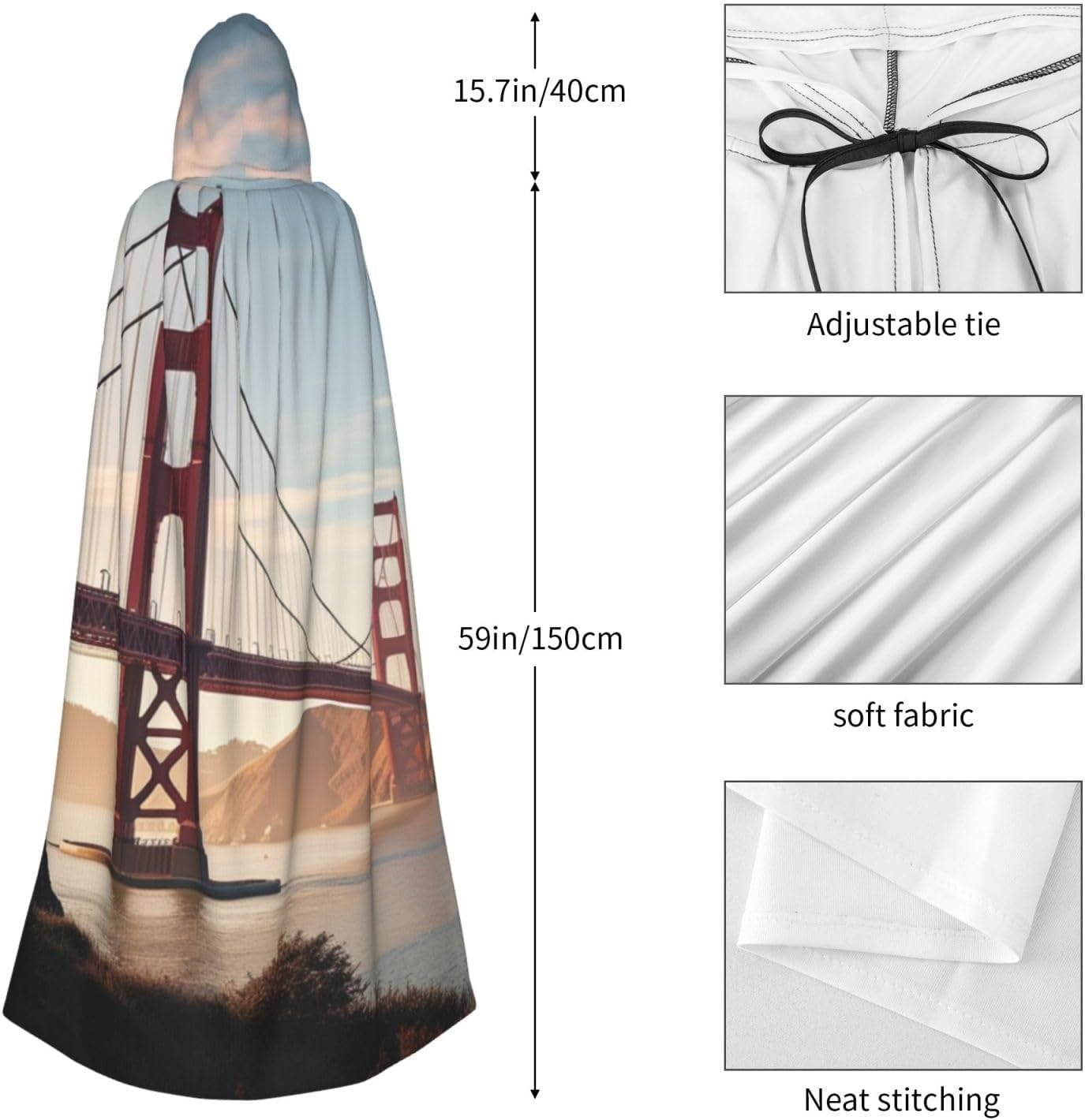 Golden Gate Bridge Hooded Cloak Full Length Hooded Robe Witch Cape Halloween Cosplay Costumes for Women Men