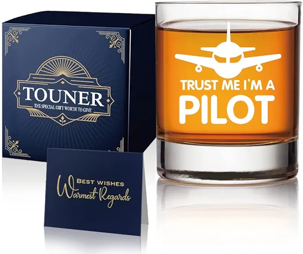 TOUNER Trust me I'm a Pilot Whiskey Glasses, Birthday Retirement Gifts for Men Pilots Flight Attendants Helicopter Aviator Airman, Christmas Thank You Gifts for Men Coworkers Leader Boss Dad Uncle