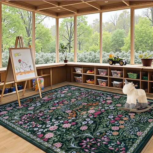 6x9 Area Rugs for Living Room: Floral Washable Rug Vintage Large Soft Boho Non-Slip Carpet Indoor Stain Resistant Thin Carpets for Bedroom Dining Room Farmhouse Nursery Hallway Home Office Dark Green by PLHXFR - Used condition - Image 5