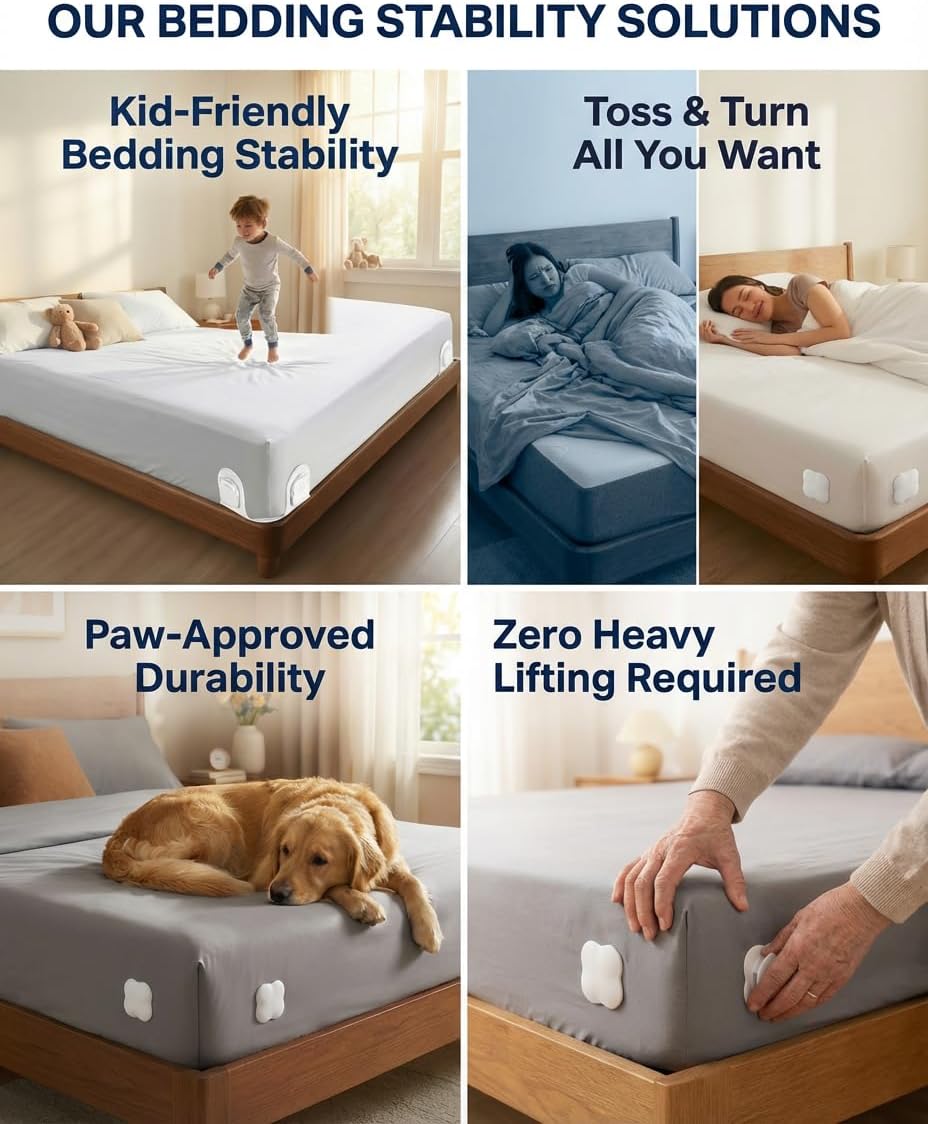 Twist-Lock Bed Sheet Holder & Corner Grippers - Stops Shifting & Bunching for a Tight Fit, Innovative Clip-Free Design,Universal for All Mattress & Sheet Sizes, Easy Install