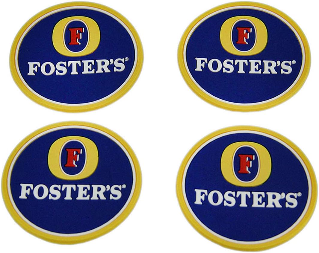Set of 4 Fosters Beer Rubber Coasters Mini Beverage Mats 2.5 Inch Diameter