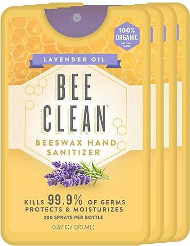 Bee Clean Spray de bolsillo desinfectante de manos de cera de abeja orgánica, aroma a lavanda, paquete de 4