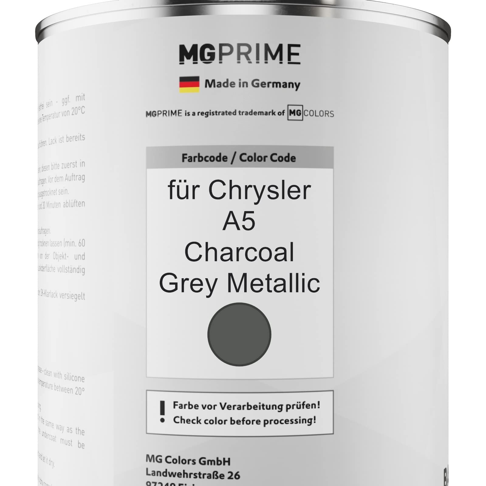 MG PRIME Lakier samochodowy Zestaw puszek dla Chrysler A5 Charcoal Grey Metallic Lakier bazowy 2K Utwardzacz do lakieru bezbarwnego gotowy do natrysku 2,5L