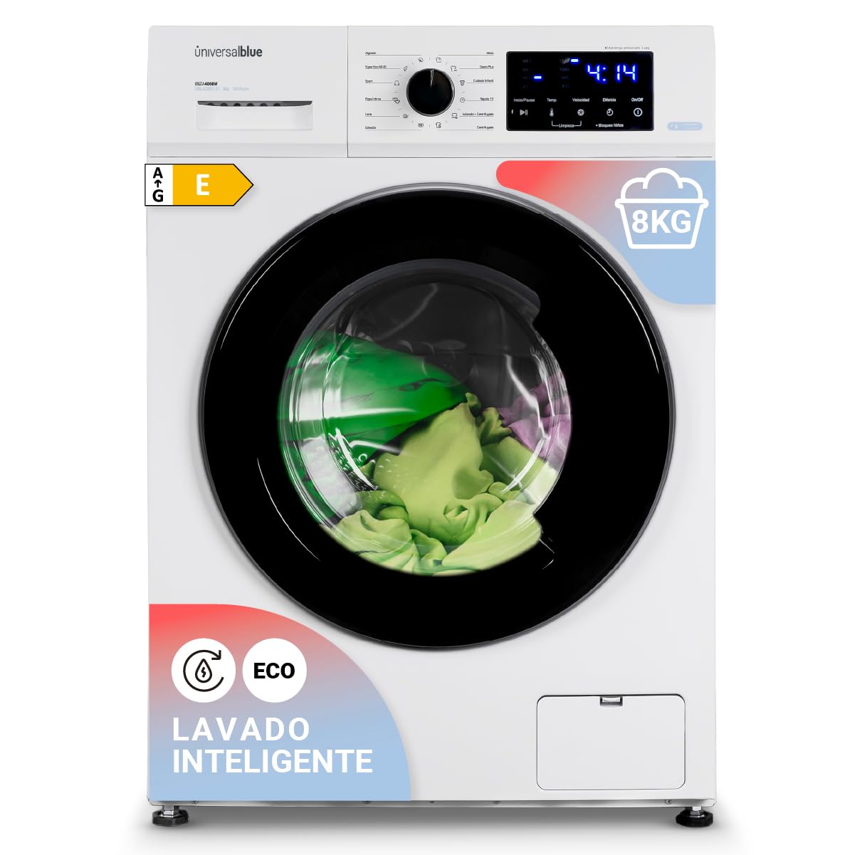 UNIVERSALBLUE Lavadora 8kg Carga Frontal Blanca | Panel Digital Clase Energética E | 12 Programas Lavado |1200 rpm | Inicio Diferido | INCLUYE SUBIDA A PLANTA GRATIS