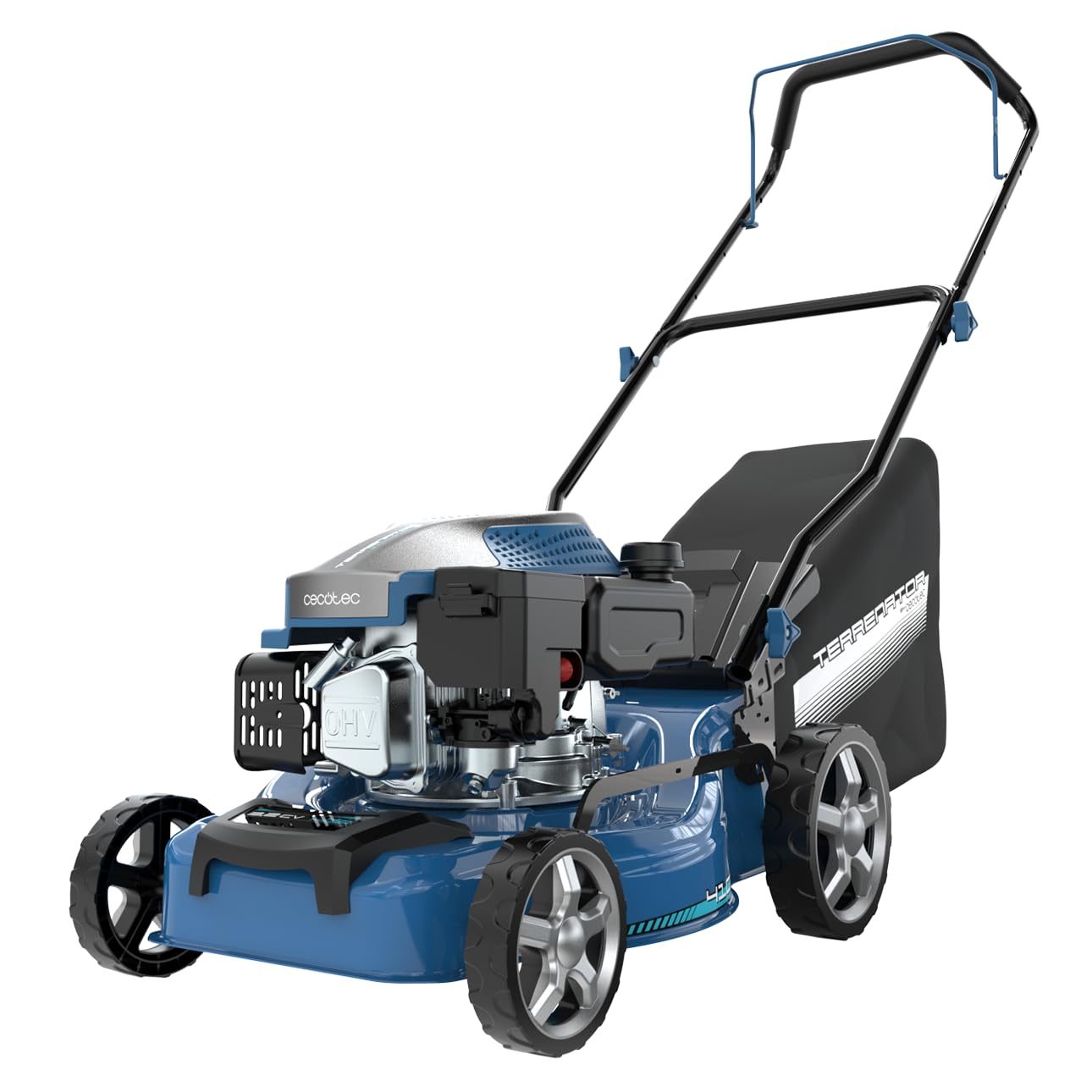 Cecotec Cortacésped de Gasolina Terrenator 2700.41 Total Z. Motor de 144cc, 2,4kW y 3,2CV, Cuerpo de Acero 41cm, Cambio de Altura Sistema Z-Tech, Corte, Recogida y Mulching, Ruedas Traseras XL