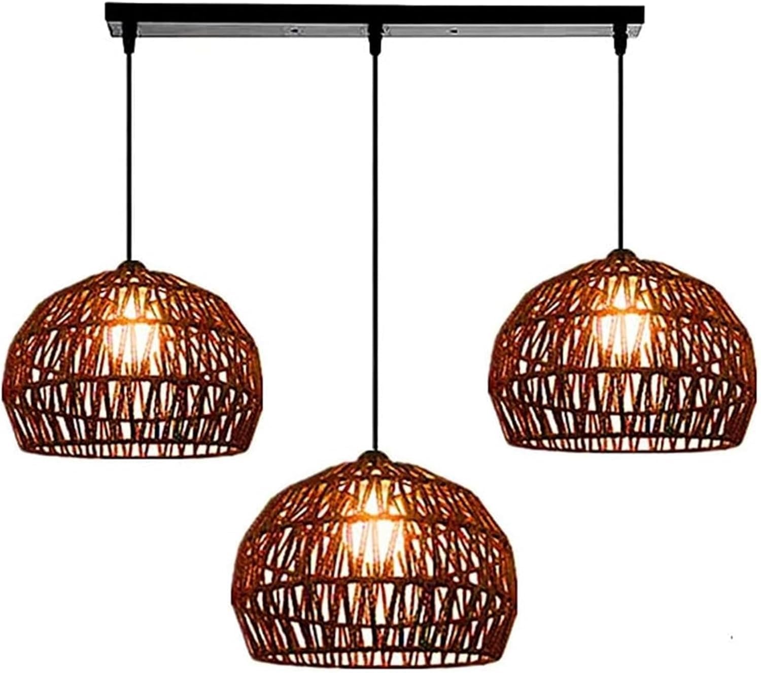 LYMSXAZOU Black Farmhouse Rattan Hanging Lighting Woven Boho 3 Light Pendant Light, Coastal Wicker Chandelier, V-intage Dome Ceiling