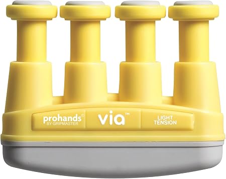 Prohands VIA Hand Exerciser ، مقوي قبضة اليد ممارس الأصابع ، نظام مفصلي الزنبرك ، نظام مكبس الإصبع ، عزل وممارسة كل إصبع ، 4 lb Light Tension ، Yellow-Via Music
