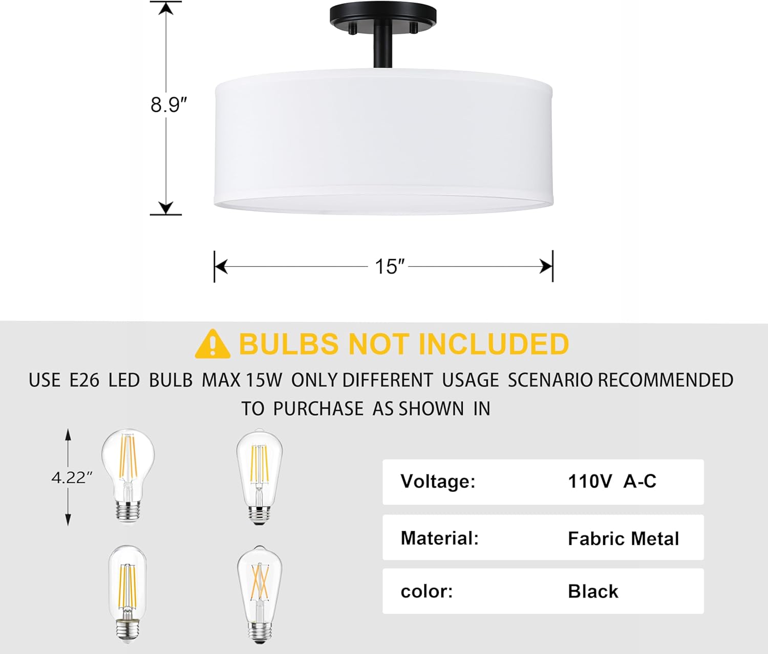 3 Light 15" Semi-Flush Mount Ceiling Light Fixture Off White Fabric Drum Shade Dark Grey Finish for Bedroom, Dining Room, Corridor, Living Room