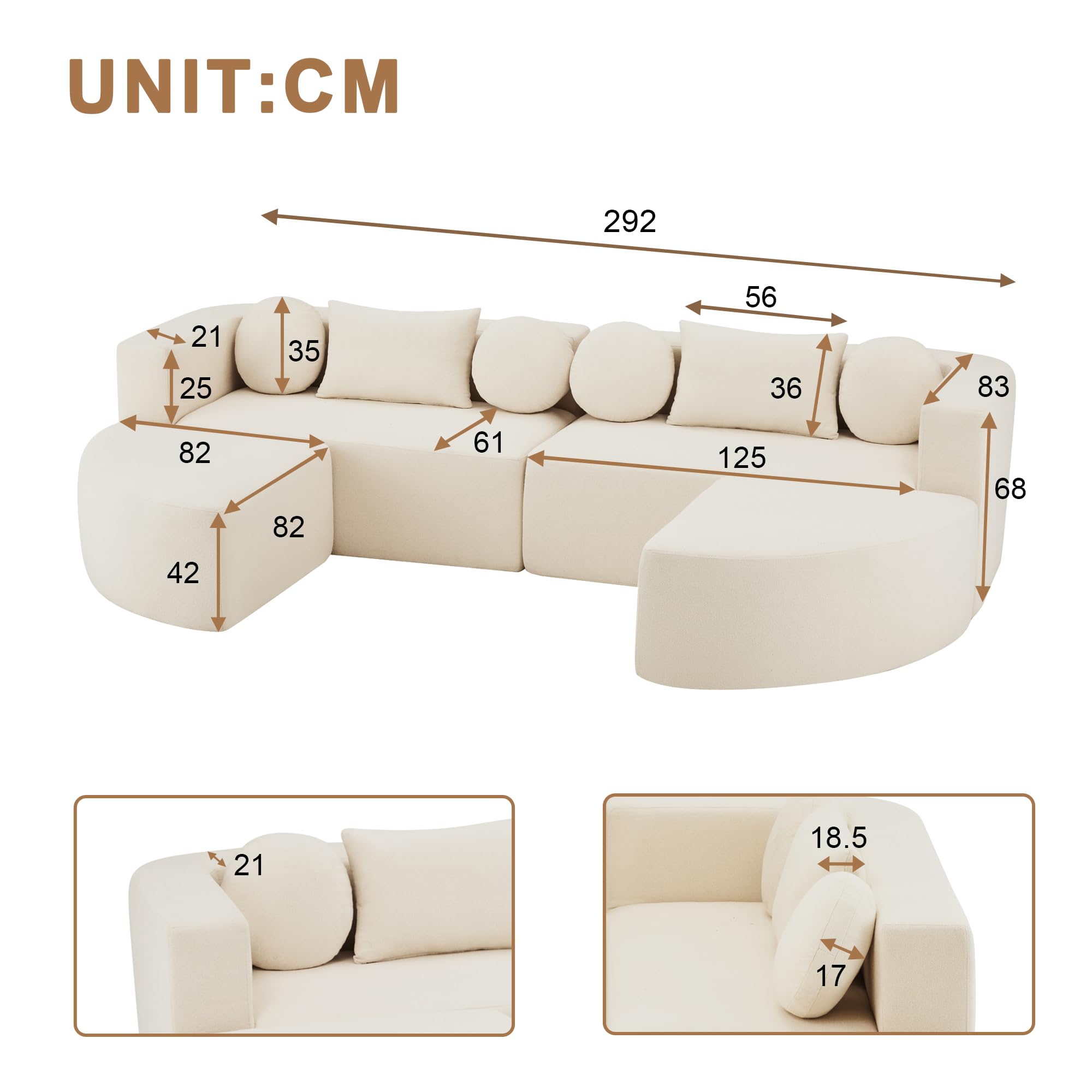 Cloud sofa modułowa, sofa do spania z funkcją spania, pokrowiec szenilowy, beżowa, szer. 292 x gł. 165 x wys. 68 cm, natychmiast gotowa do użycia