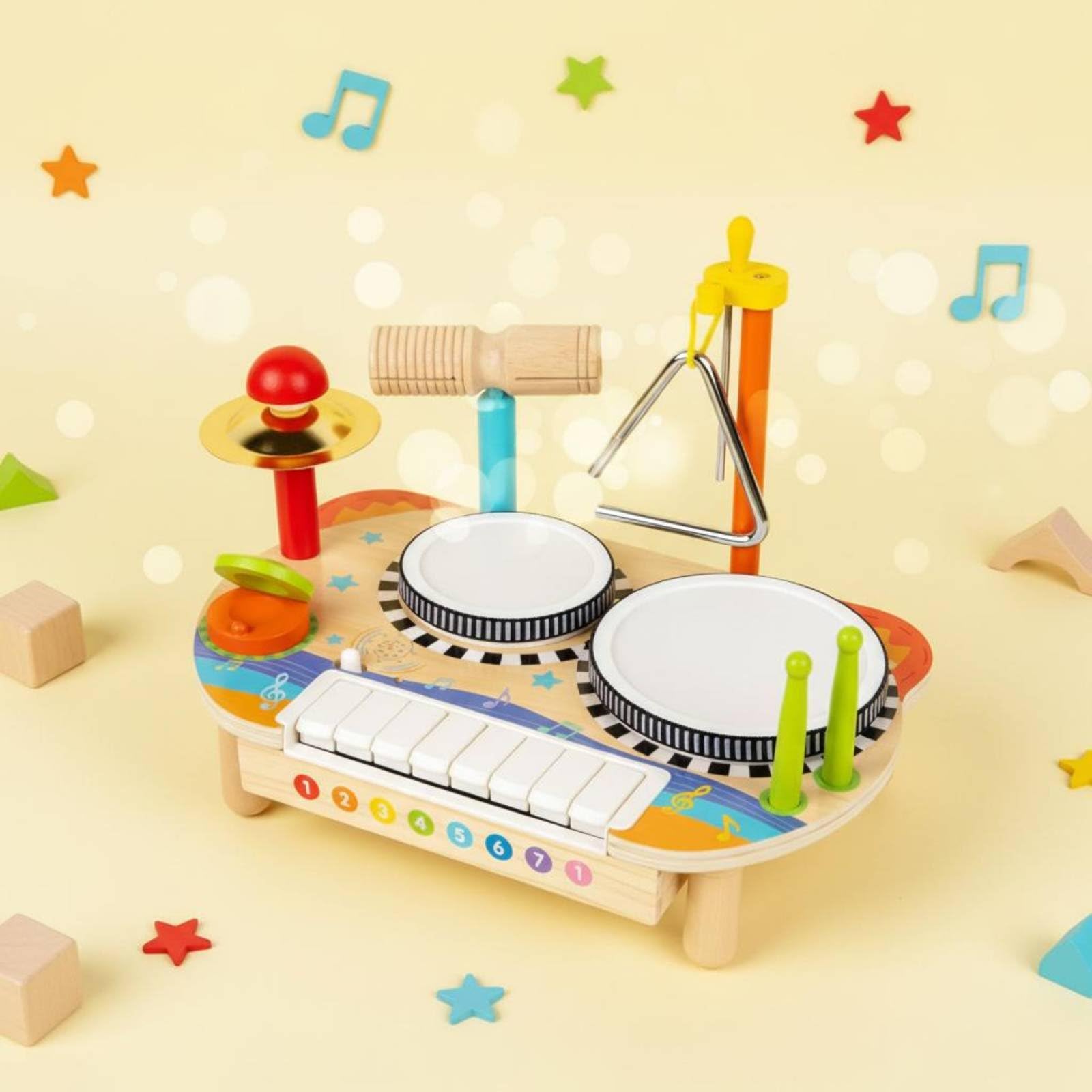 Amagogo Xilófono Infantil Tabla de Percusión Tambor Triángulo Platillo Maraca de Madera Educativo Coordinación Adecuado para Niños Pequeños Aprendizaje Temprano Aula Hogar