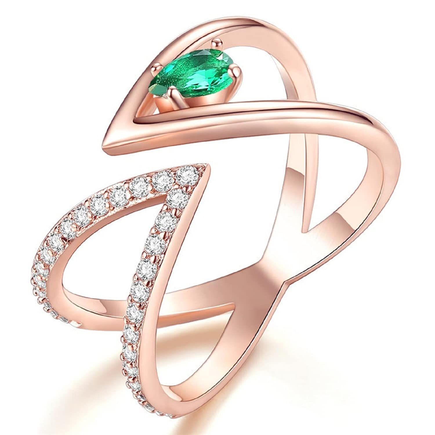 ChenFeng Water Drop Green Grandmother Open Female Engagement Ring Pointed V Rose Gold 925 Silver Ring
