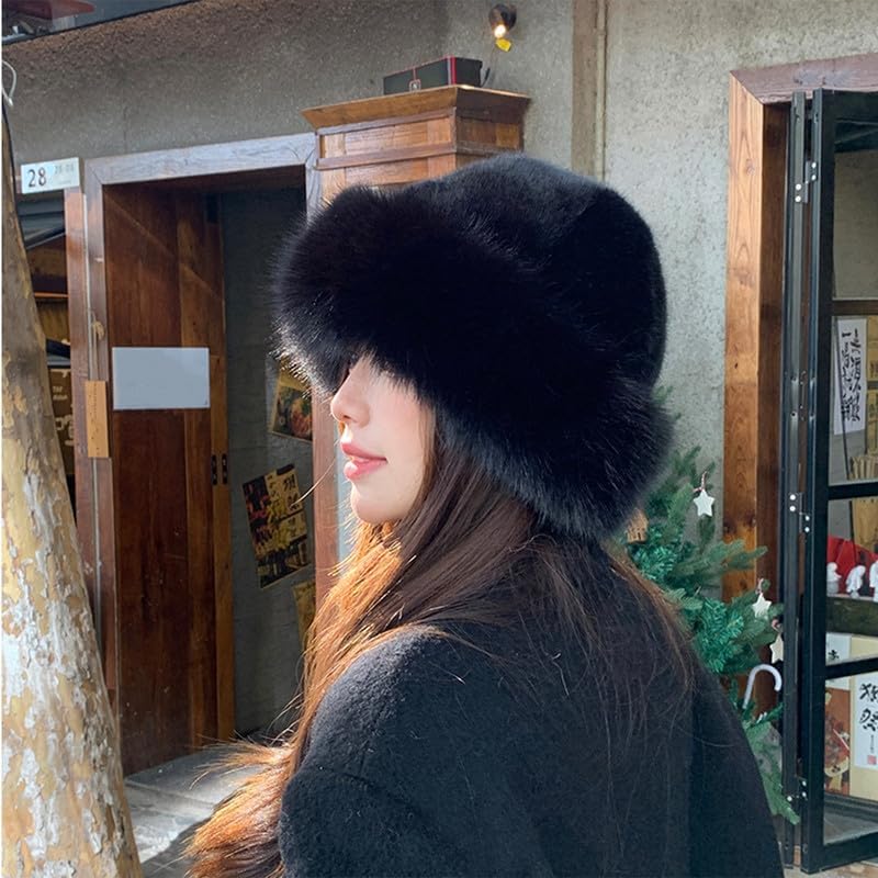 Womens Winter Faux Fur Bucket Hat, Warm Faux Mink Plush Hat Fluffy Fisherman Fuzzy Bucket Hat Russian Hat for Outdoor - Image 7