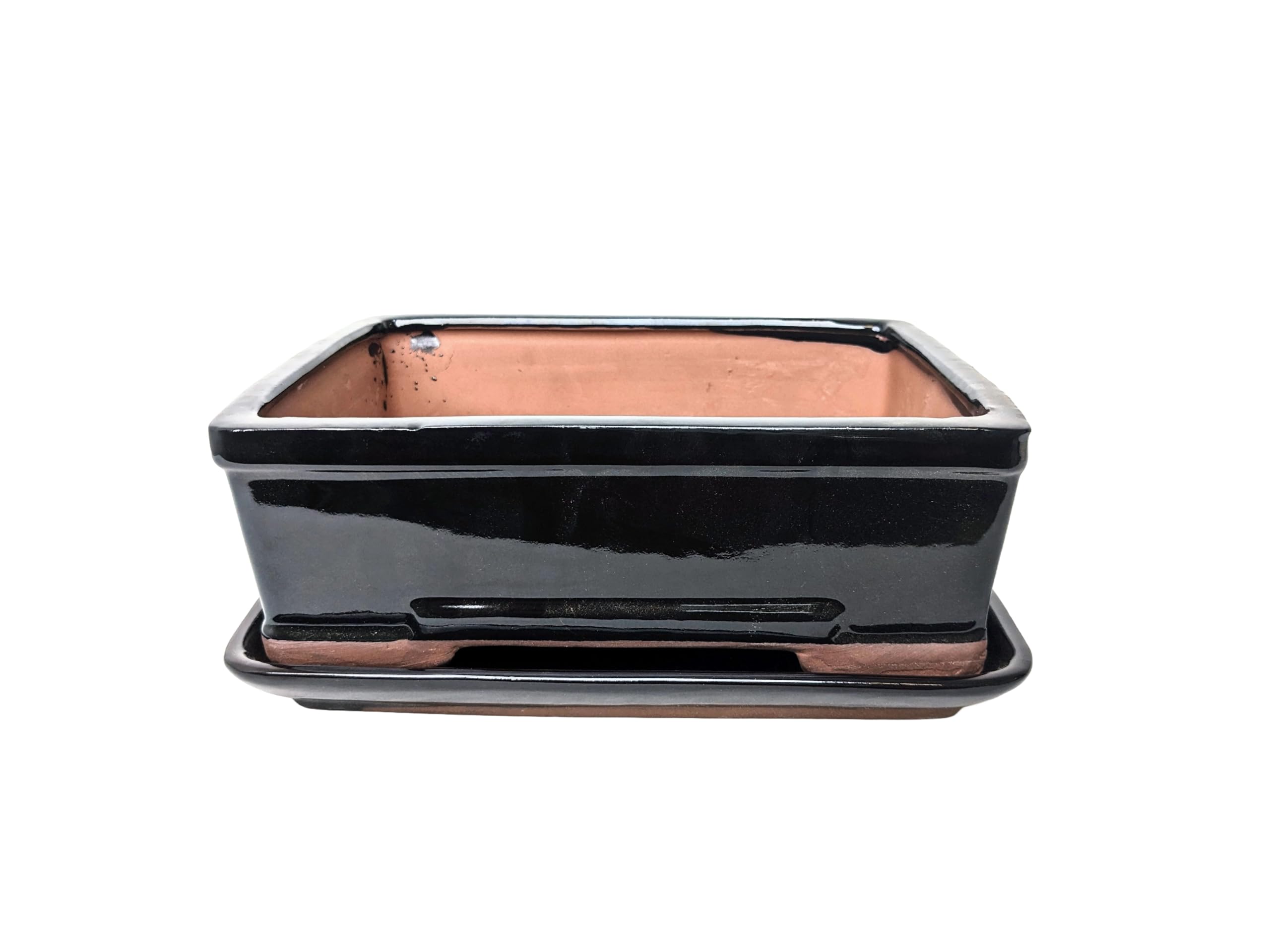 Glazed Ceramic Bonsai Pots with Matching Drip Trays (Black, 26cm) — image 1
