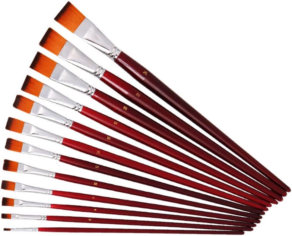 12 Pcs Flat Paint Brushes Set with Synthetic Hair, Long Handle, Large Brush Kit for Acrylic Oil Watercolor Fine Art Painting