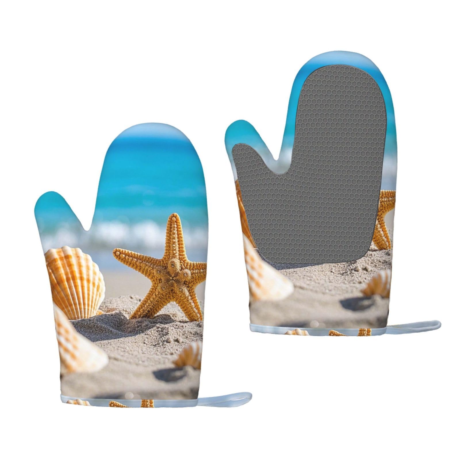 Oven Mitts Sets of 2 Heat Resistant Kitchen Gloves Beach Seashells Starfishs Oven Mitts BBQ Oven Gloves Non-Slip Silicone Oven Mitts Waterproof Cooking Safety Gloves for Kitchen Baking Cooking