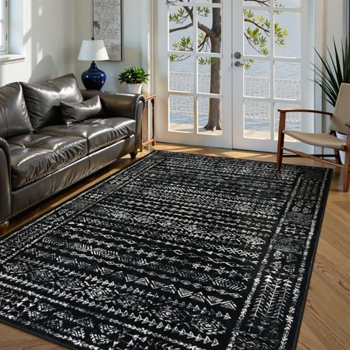 Tapete Boho negro y blanco 5x7 lavable para sala miniatura 2