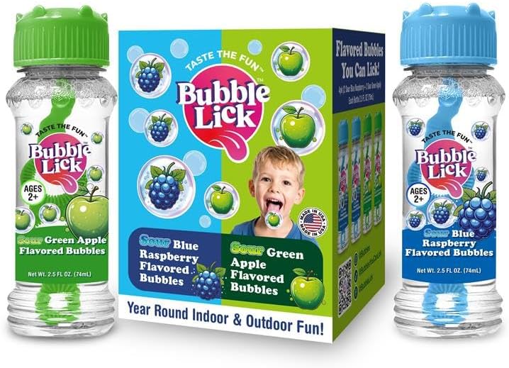 Sour Variety Pack: Blue Raspberry & Green Apple (2.5 Fl Oz, 4-Pack), Edible Bubbles for Kids - Natural Flavor, Great for Bubble Machines, Toys & Refills