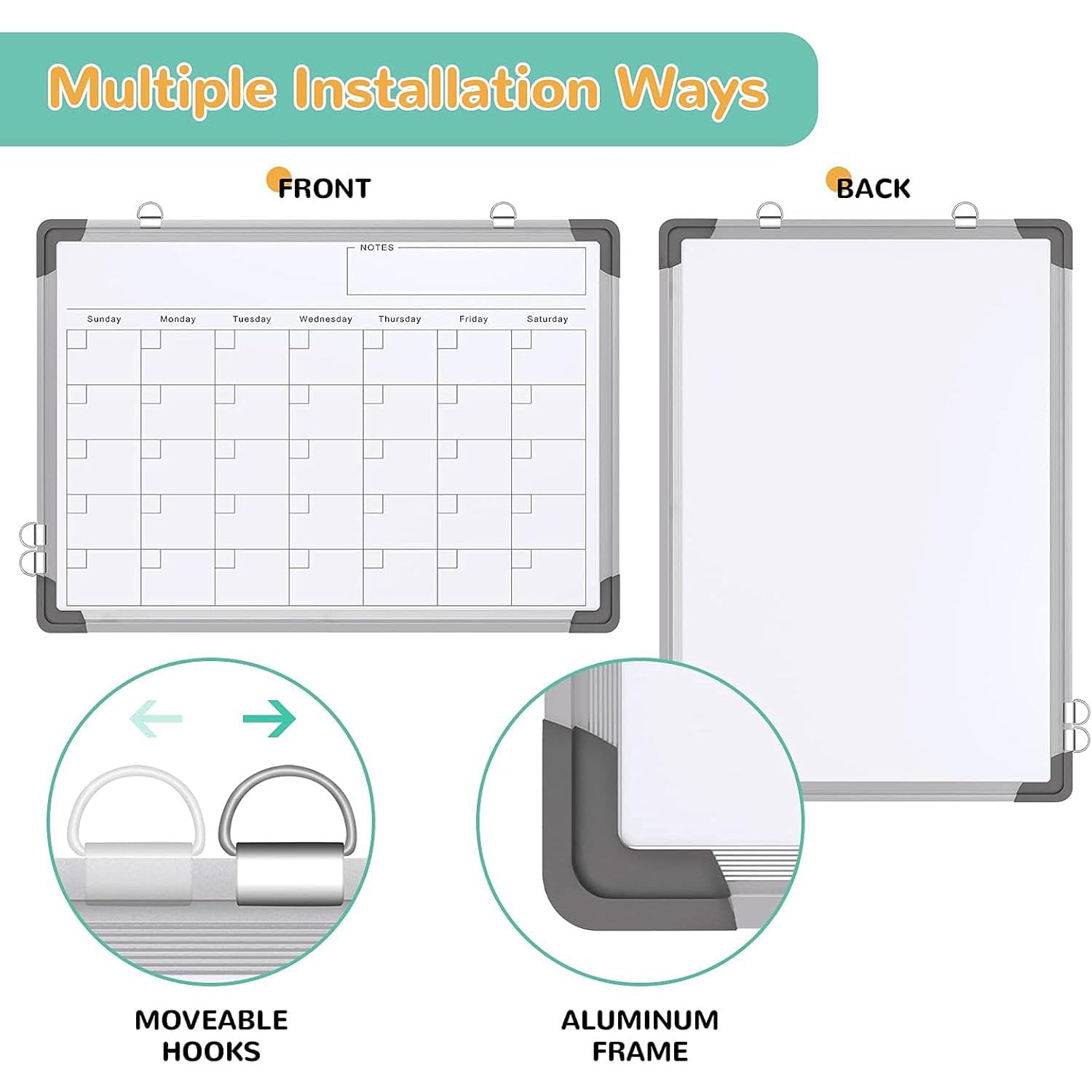 Magnetic Whiteboard, Dry Erase Calendar Whiteboard, Double-Sided White Board for Office, School, Kitchen, Planning, Memo, Home (40 x 30cm) - Image 2