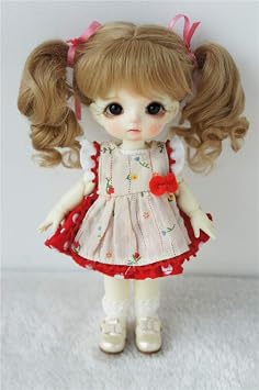 JD428 5-6inch 13-15cm Lovely Twin Wave Ponytail BJD Wigs 1/8 Lati Yellow Mohair School Girl Doll Wig Ash Brown m4