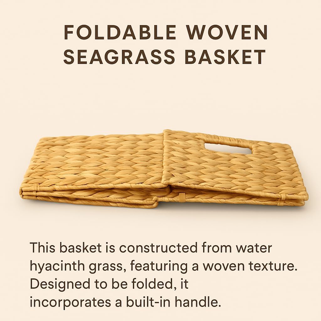 Foldable Water Hyacinth Storage Basket with Handles – Handwoven Natural Organizer Bin for Shelves, Closet, or Living Room Decor
