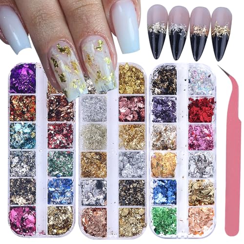 Gold Foils Nail Glitter Supplies 36 Colors Golden Flakes for